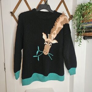Vintage Giraffe Sweater Adult L/XL Chunky-Knit Crew 3D Animal Black‎ No Brand